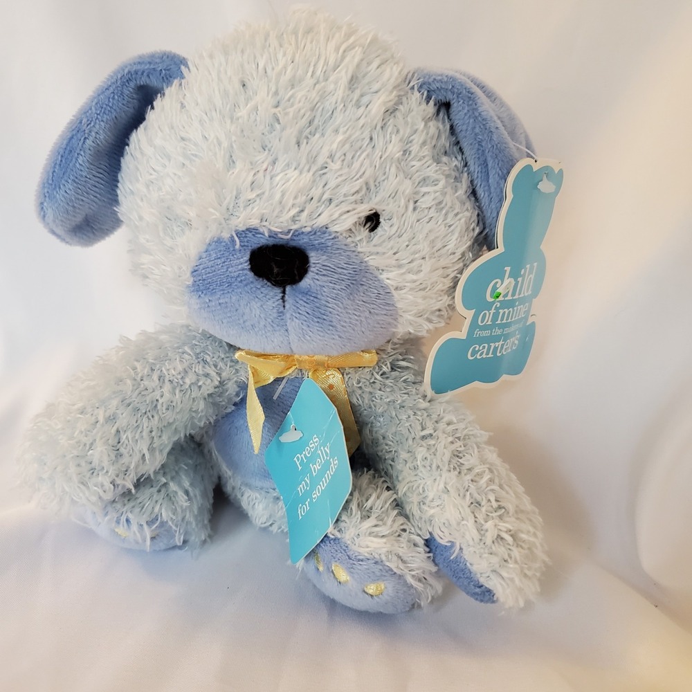 CCarters Blue Puppy Dog Plush Woof yellow bow Shaggy 6" With Tags NO SOUND‎